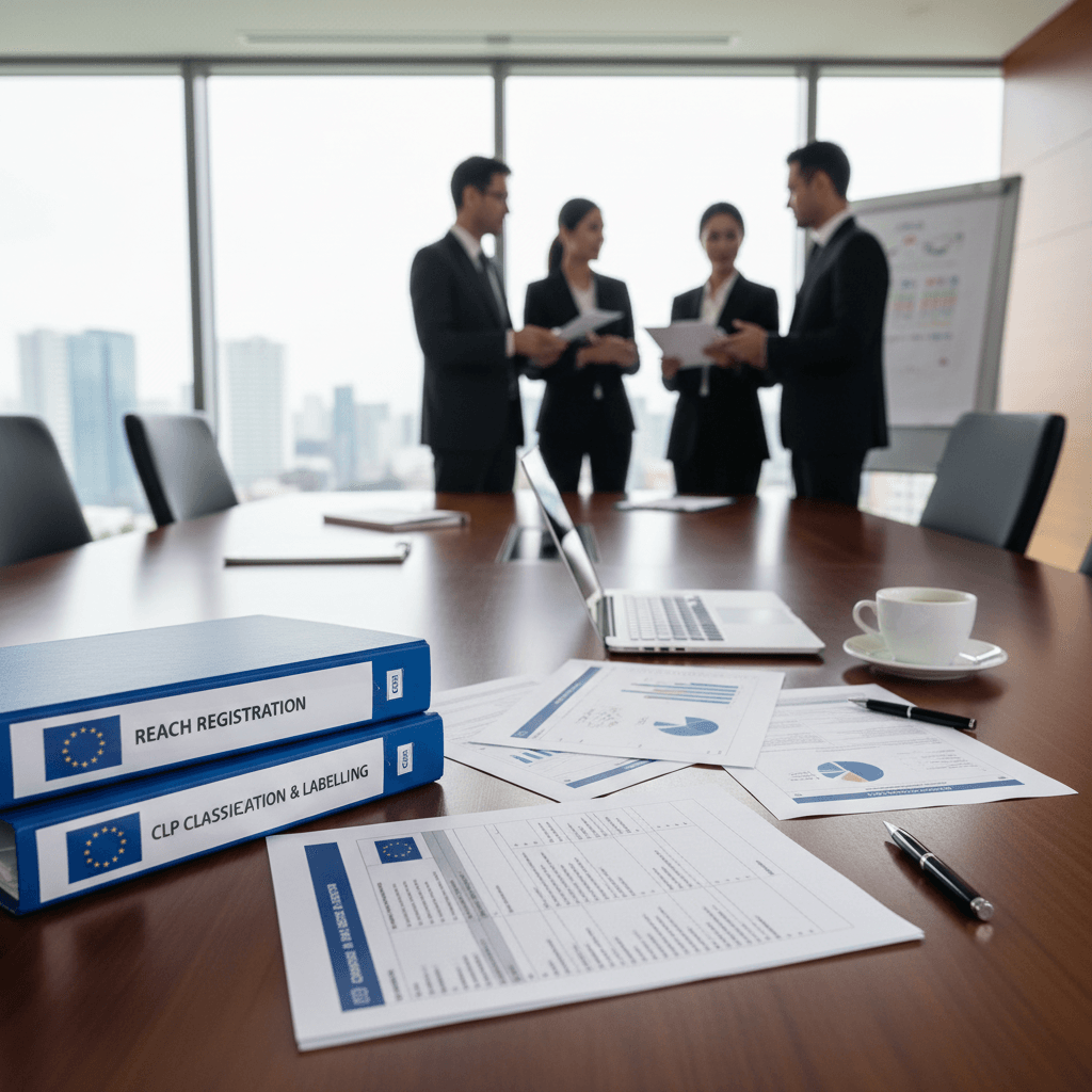 EU chemical safety compliance documentation on a desk, professional setting